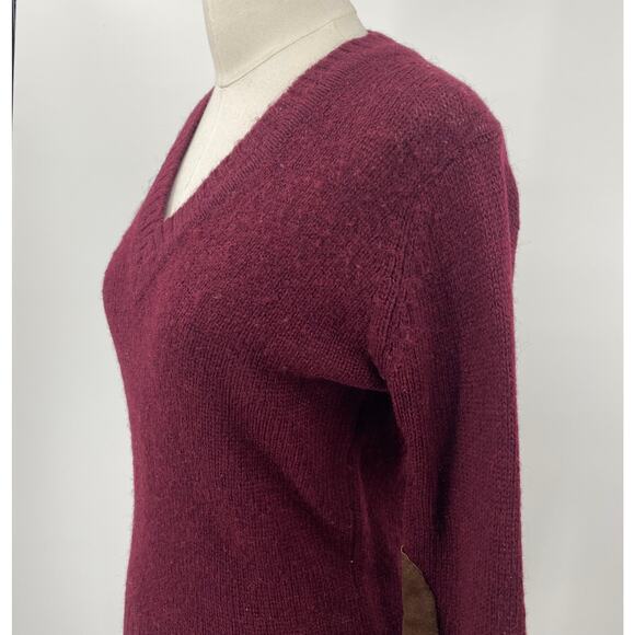 Vintage 60s Hudsons Detroit Sweater Shetland Wool V Neck Elbow Patches Burgundy - Picture 5 of 13